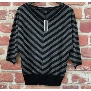Joan Vass Sweater Womens Black Silver Metallic Striped Pullover Compared to $68